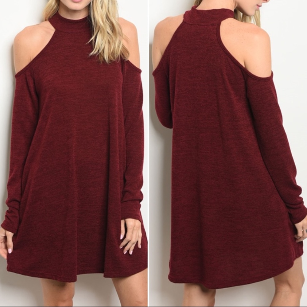 Last 1! Burgundy Wine Cold shoulder knit dress